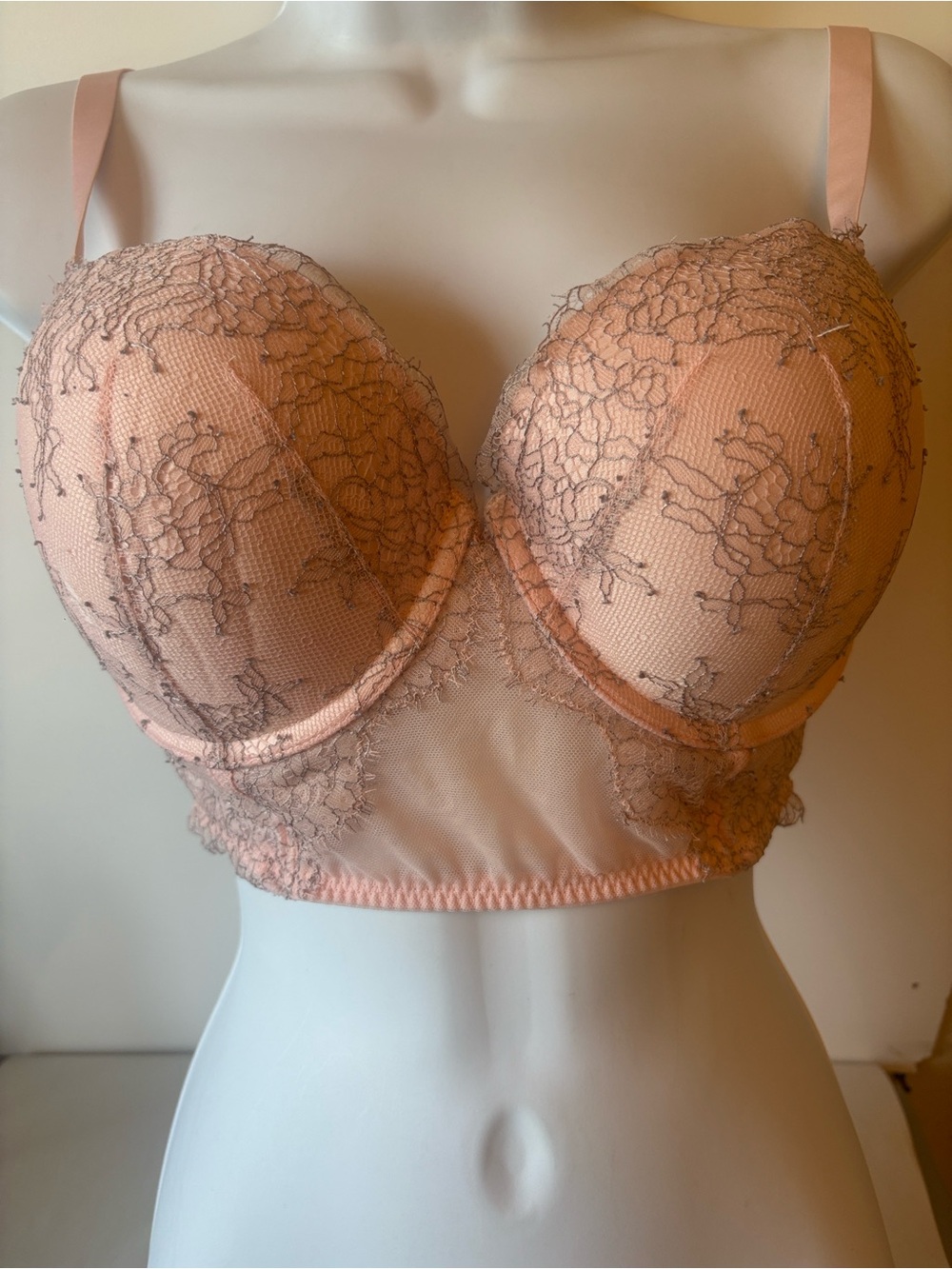 Victoria's Secret Blush Peach Lace Longline Bra with Gray Accent